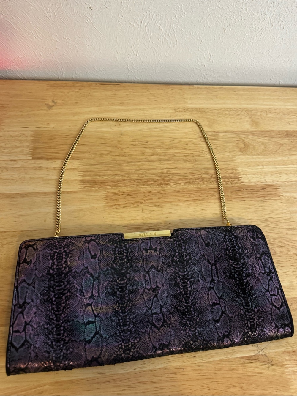 MILLY Iridescent Purple Snakeskin Leather Shoulder Clutch